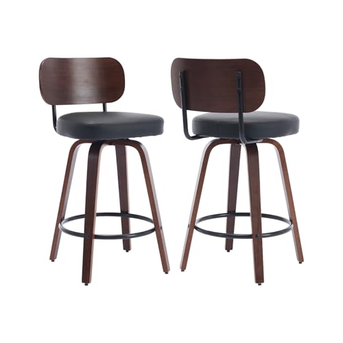 Image of Shenyon Counter Stools Set of 2, 26 inch Swivel Counter Height Bar Stools with Walnut Back,Upholstered PU Leather, Bentwood Legs, Mid Century Modern Bar Chairs for Kitchen Island, Black