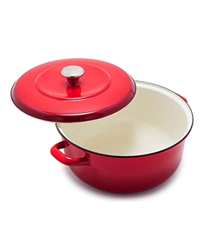 Merten & Storck 7QT Round Dutch Oven Casserole Pot with Lid, European Crafted Enameled Iron Stockpot, Induction & All Cooktops, Braising, Stews, Roasting, Slow Cooking, Sourdough, Foundry Red