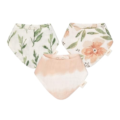 Image of Crane Baby Soft Muslin Baby Bib Set, Adjustable and Absorbent Bandana Style Bibs for Boys and Girls, Floral, 3 Piece, 18.5” x 9”