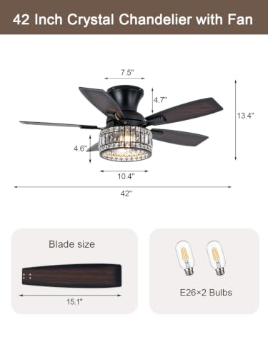 Image of 42 Inch Crystal Ceiling Fan with Lights and Remote Flush Mount | Farmhouse Rustic Fandelier Ceiling Fan, Low Profile Crystal Caged Chandelier for Bedroom Living Room, Reversible DC Motor