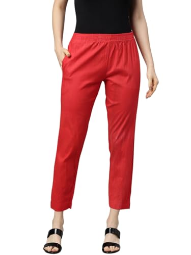 Image of MINELLI Women Solid Cigar Pants, Cotton Lycra Slub Fabric, Elasticated Waistband, Pull On Style, Regular Fit Bottom Wear for Western and Ethnic Wear