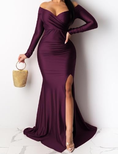 Image of Womens Off Shoulder Sexy V Neck High Split Long Maxi Dress, Formal Cocktail Party Evening Gown Mermaid Dress