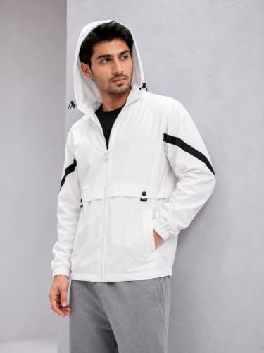 Image of Men's Hooded Windbreaker Jacket Lightweight Full Zip Color Block Casual Coat Water Resistant Outdoor Sports Hiking Running Travel Fashion Hoodie for Men