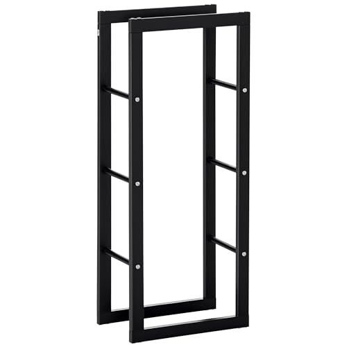 HOMCOM Soporte para Leña Estante de Leña Metálico Leñero de Exterior de Metal para Interior y Exterior Carga 100 kg 40x25x100 cm Negro