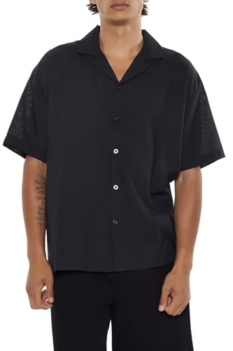 Forever 21 Camisa masculina texturizada de rayon com gola cubana, Preto, G