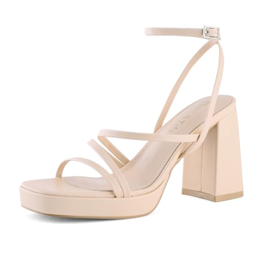 Image of Shoe'N Tale Platform Heels for Women Strappy Block Chunky Heels Square Toe Ankle Buckle Sandals