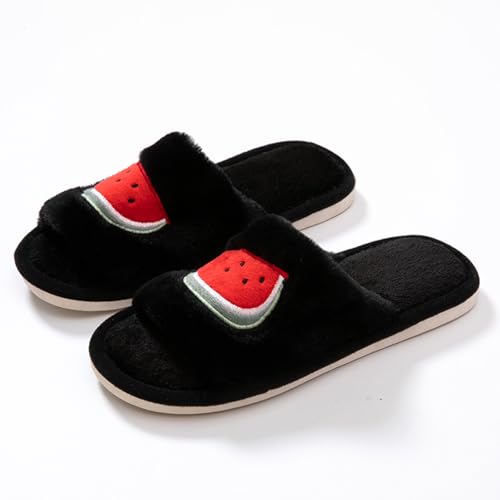 Slippers For Women Indoor,Women's Plush Faux Fur Fuzzy Slide on Open Toe Slipper with Memory Foam Embroidered Strawberry Watermelon Ladies Home Cute Shoes4