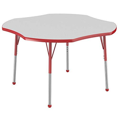 Image of FDP Clover Activity School and Office Table (48 x 48 inch), Standard Legs with Ball Glides for Collaborative Seating Environments, Adjustable Height 19-30 inches - Gray Top and Red Edge