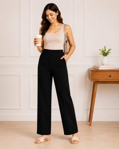 Image of Women's Mid Rise Wide Leg Trousers with Elastic Waist & Pockets