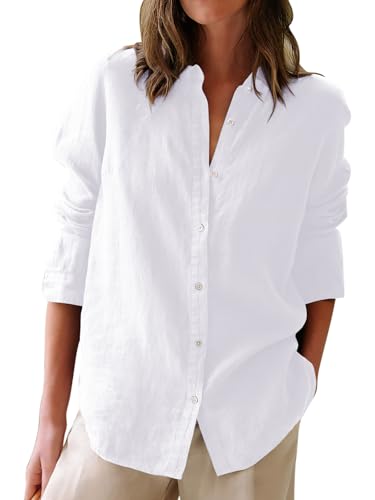 Button Down Shirts for Women Cotton Oxford Shirts Long Sleeve Dress Shirts Collared Blouses Work Casual Solid Tunic Tops - White S