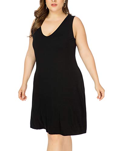 Image of Women Plus Size V Neck Sleeveless Floral Print Pocket T Shirt Dresses Casual Midi Tank Dress Beach Cover up Sundress (XL-5X)
