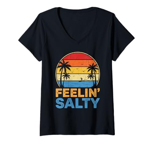 Women's Feelin Salty Retro Surf Vibes Vintage Sunset Beach Surfer V-Neck T-Shirt