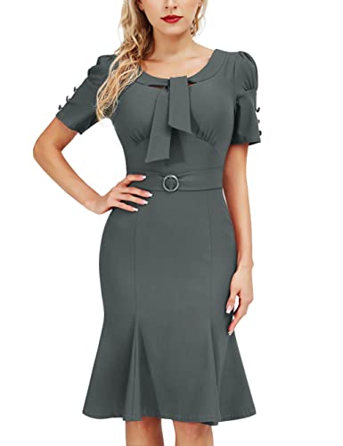 MUXXN Women's 50s 60s Boat Neck Frill Sleeve Formal Business Dress (Gray M)