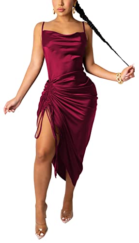 Image of Club Dress Sexy Dress for Women Wedding Party Birthday Cocktail Spaghetti Strap Satin Side Ruched Midi Mini Dress