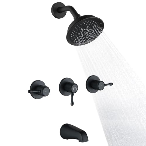 Juego de grifería para bañera y ducha de 3 manijas, negro mate, con grifo para bañera y válvula central de 8 pulgadas, 3 perillas, rociador manual ABS de 5 modos y cabezal de ducha, núcleo de válvula extendido de acero inoxidable de 5,7 pulgadas miniatura 1