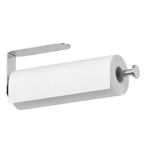 Image of Mbillion Under Cabinet Paper Towel Holder for Kitchen, RV & Camper - Waterproof, Anti-Rust Wall Mount with No Drill Installation, 5.71 inch Compact Design (Brushed Silver)