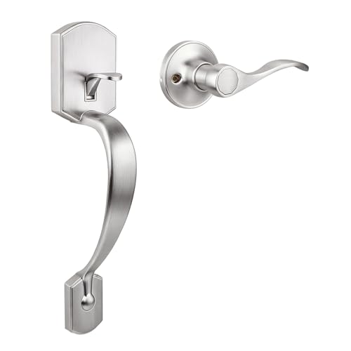 Image of Probrico Brushed Nickel Front Door Handle, Heavy Duty Entry Door Handle with Interior Reversible Handed Lever, Lock Grip Handle with Wave Lever Keyless Door Locks, 1Pack