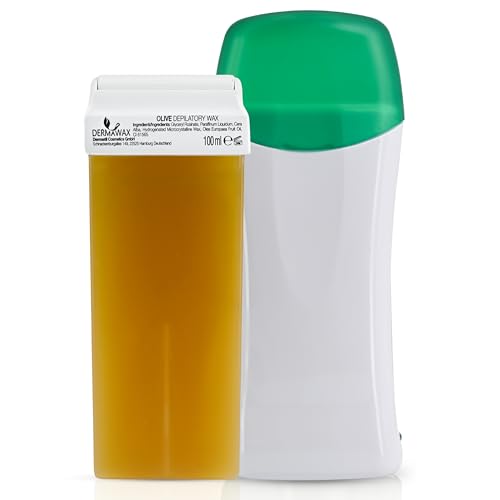 Dermawax Roll on Wachswärmer- Olive Warmwachs Wachspatrone- Waxing Set zur Haarentfernung -Enthaarung von Beine Arme Rücken- Anwendung mit Vliesstreifen
