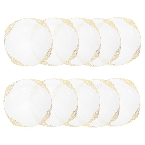 FINISPERSOO 10個透明金縁浮彫り龍紋パーティープラスチック皿 多用途デザート前菜主菜対応 滑り止め機能付きエレガント使い捨て食器祝い宴会用