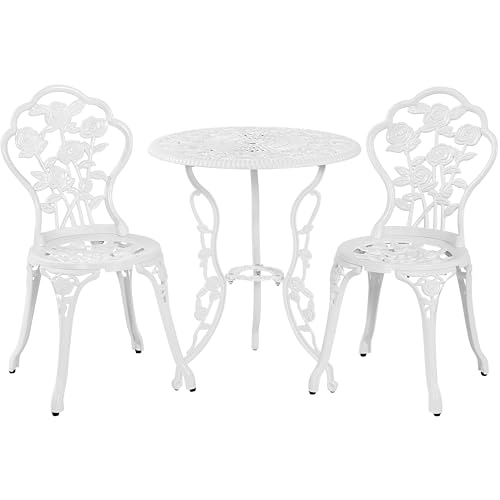 costoffs 3 Piece Bistro Table Set, Cast Aluminum Antique Outdoor Seat with Umbrella Hole, Rose Design Garden Furniture Set Dining Set for Patio Poolside Garden Balcony, White
