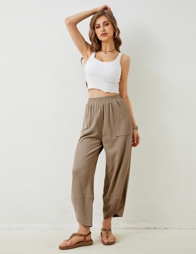Image of Himosyber Women Cotton Pants Wide Leg Pants Casual Loose Baggy Elastic Waist Beach Palazzo Harem Pants