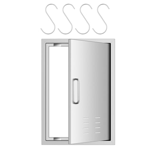 BBQ Access Door, 17" W x 24" H Stainless Steel Single Outdoor Kitchen Doors, with Detachable Handle and 4 Hooks, for BBQ Island, Grilling Station, Outside Cabinet