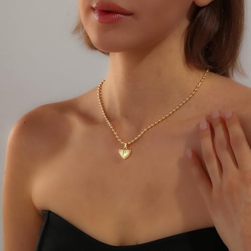 KISSCLOUD Heart Initial Necklaces for Women 14K Gold Plated Dainty Letter Charm Necklace Cute Bubble Personalized Name Pendant Ball Chain P Necklace Non Tarnish Trendy Jewelry Gift — view 3