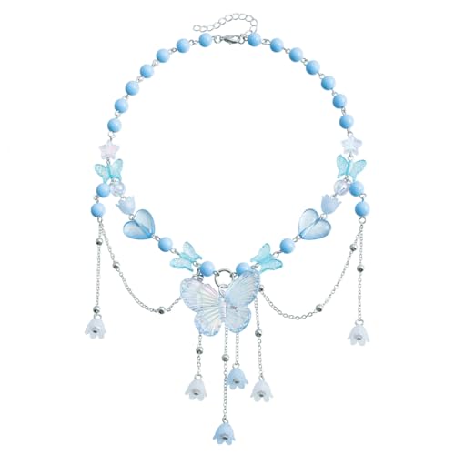 Layered Pearl Butterfly Choker Necklaces for Women,Vintage Crystal Beaded Pendant Necklace Y2K Bow Heart Tassel Chain Necklace Jewelry