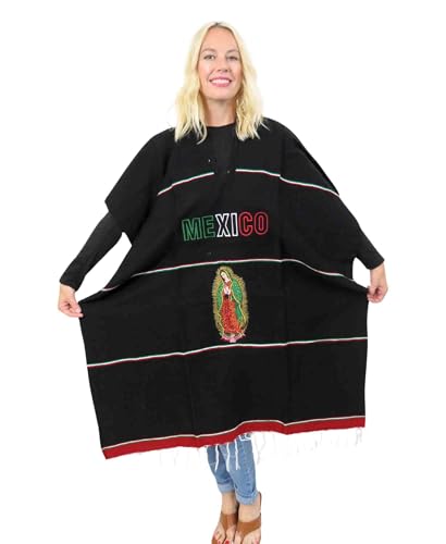 Leos Imports Lupita Virgen de Guadalupe Black Mexican Poncho - Unisex V-Neck Fringed Poncho4