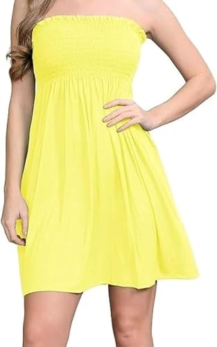 Women's Strapless Bandeau Summer Dress – Ruched Flared Mini Tube Style – Casual Holiday Beach Dress UK Sizes 8–22 (as8, Numeric, Numeric_20, 22, Regular, Regular, Yellow 20-22)