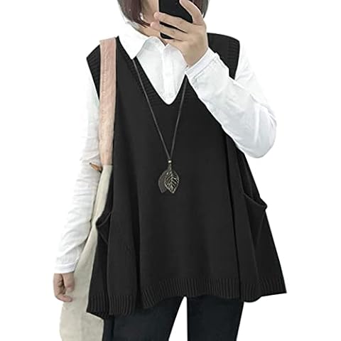 YESNO Sweater Vest Women Loose Swing Cotton Cute Oversized Knit Pullover Sleeveless Sweater Tops with Drop Pockets XL WM9 Black Cover