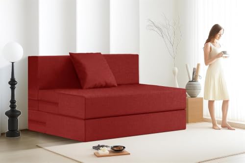 Image of Rosebell 1-Person Jute Sofa Cum Bed in Red-Removable Washable Cover + One Cushion | 3 X 6 Ft Size | Great for Guests at Home or Office
