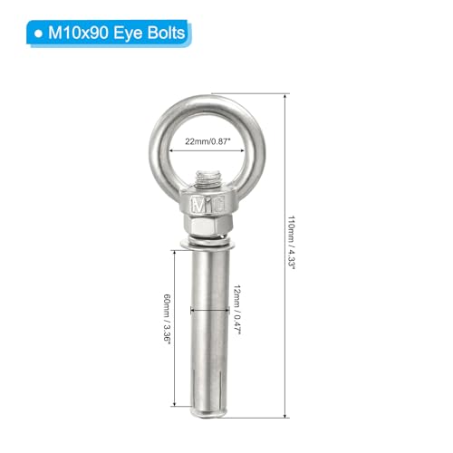 Image of PATIKIL Expansion Eye Bolt M10x90mm, 2 Pack 304 Stainless Steel Shoulder Anchors Eyebolt Screw with Eye Ring for Concrete Brick Walls Canopy Engineering Rigging Silver
