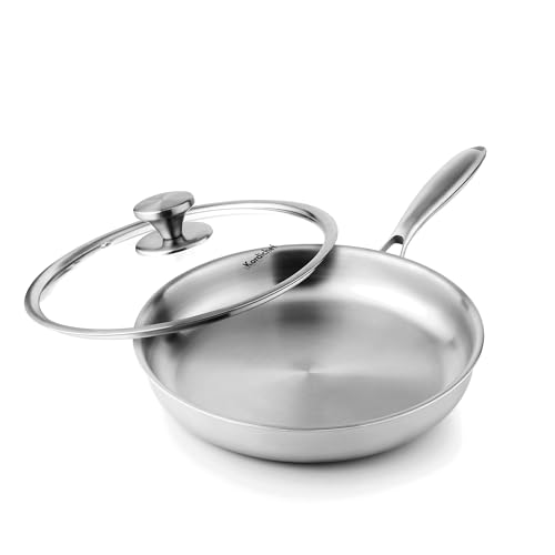 Image of 10 Inch Stainless Steel Frying Pan with Lid, Tri-Ply Healthy Stainless Steel Cookware, Pan, Skillet on Induction, Ceramic and Gas Cooktops, PFOA Free Cooking Pan, Dishwasher Safe