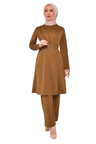 Pleated Buttoned Belt Stoned Hijab Double Suit 2578