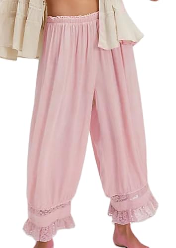 Image of UAURORAO Women Lace Trim Long Bloomers Elastic Mid Rise Ruffle Pantaloons Cropped Flared Slips Pants Pajama Bottoms