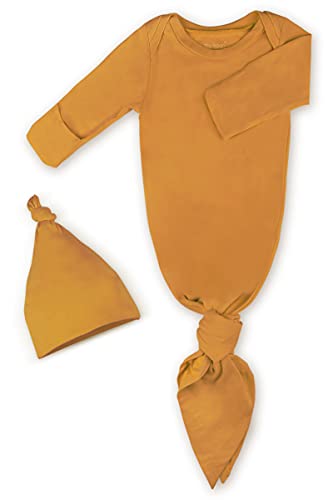 Image of Baby Knotted Gown, Super Soft Newborn Infant Long Sleeve Sleeper for Baby Girl and Boy Sleepwear with Hat Set (Yellow Brown, 3-6 Months)