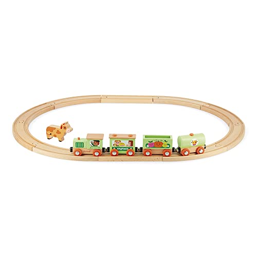 Janod - Story Farm Train - Wooden Circuit & Train - Cow Figurine Included - Early-Learning Toy - Fine Motor Skills - Water-Based Paints - 3 Years + J04630