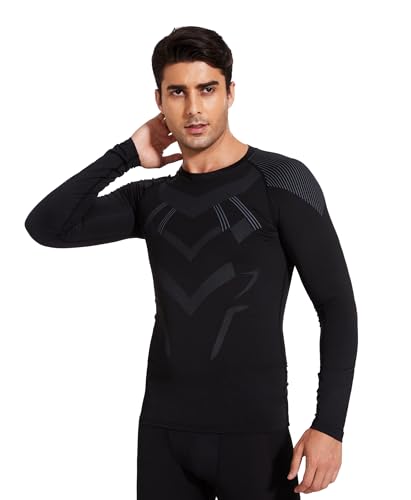 Amzsport Maglia Compressione Uomo Maglia Termica Manica Lunga Maglietta Palestra Compression Shirt Ciclismo Sportiva Running, Nero, Xl - 2