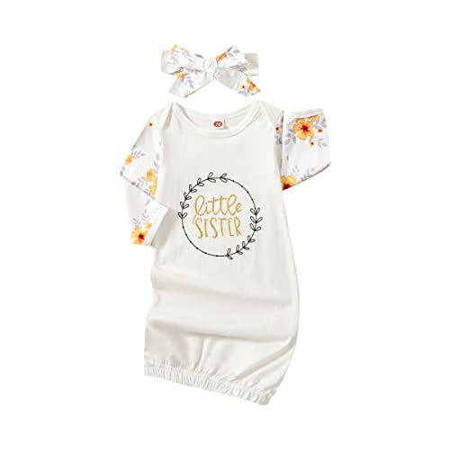 LYQTloml Newborn Baby Girl Little Sister Sleeper Gown Stripe Long Sleeve Nightgown Outfit Coming Home Outfit Set White