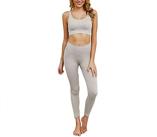Hotexy Women\'s Workout Outfit 2 Pieces Seamless Yoga Leggings with Sports Bra Gym Clothes Set Light Khaki