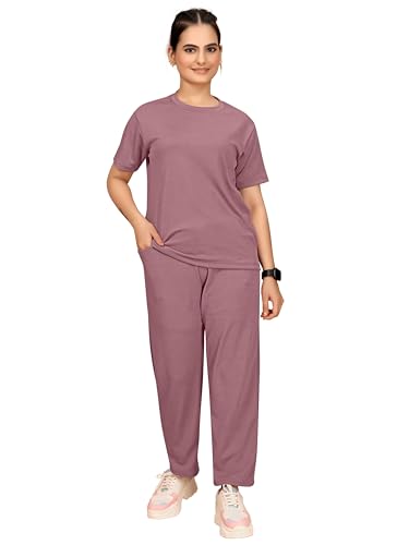 Image of Women's Round Neck Pajamas set in Polyester And Gym Outfit with Side Pockets and Drawstring Waist