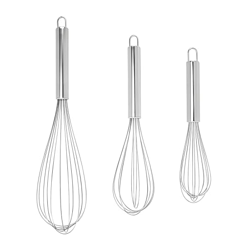 Juego de 3 batidores de acero inoxidable, pequeños para mezclar, mezclar masa, huevos, hacer espuma, batir, batir, batir, batir en plata para salón cocina y comedor