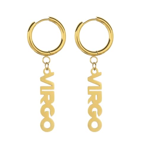 Zodiac Dangle Earrings for Women Stainless Steel 18K Gold Plated High Shine Lightweight Everyday Wear Charm Earrings Astrology Fashion Statement Jewelry Gift Idea