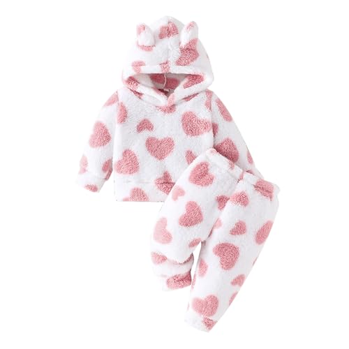 Kunyeah 2 piezas de ropa de lana para bebé niña sudadera de felpa para bebés recién nacido top de manga larga conjunto de pantalones cálidos sudaderas con capucha (Rosa, 3-6 meses)