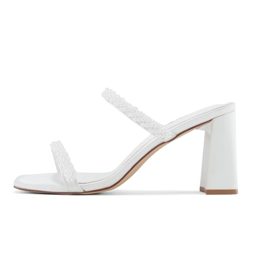 Image of Shoe'N Tale Pearl Strappy Heels for Women Two Band Chunky Block Heeled Sandals Square Open Toe Backless Mules Slip On Pumps Dressy Shoes