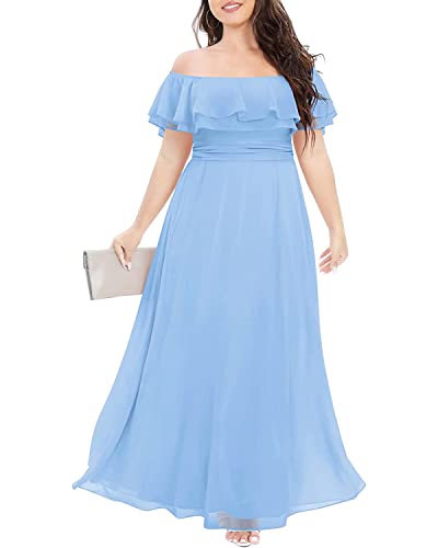 Women Light Blue Dress Plus Size Bridesmaid Prom Off Shoulder Evening Maxi Long Slit Chiffon Ruffle Sleeve Flowy Dress