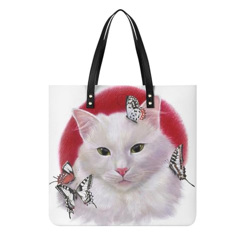 Sac shopping chat blanc et papillon : grand tote bag de voyage pour femmes de 39x39cm