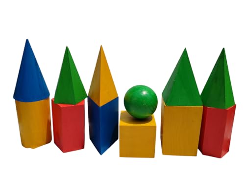 Image of Wooden Geometric Shapes Set for Students & Teachers | 12-Piece 3D Geometry Model Kit in Box | Educational Math & Physics Teaching Aids | Yellow Polished (Multicolor, Large)