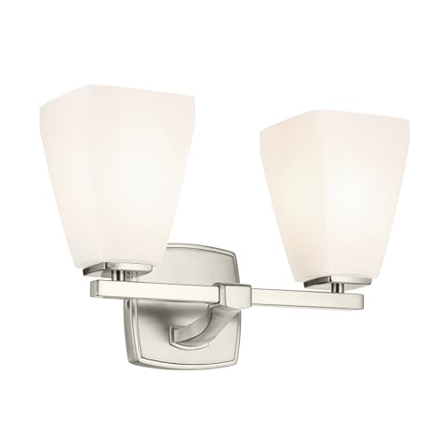 Image of Kichler Marant 2-Light Bathroom Vanity Light Fixture with Opal Glass, 14.25 inch Modern Wall Mount Light in Brushed Nickel for Bathroom, Powder Room, Over Mirror (14.25 inch W x 9.5 inch H), 55215NI